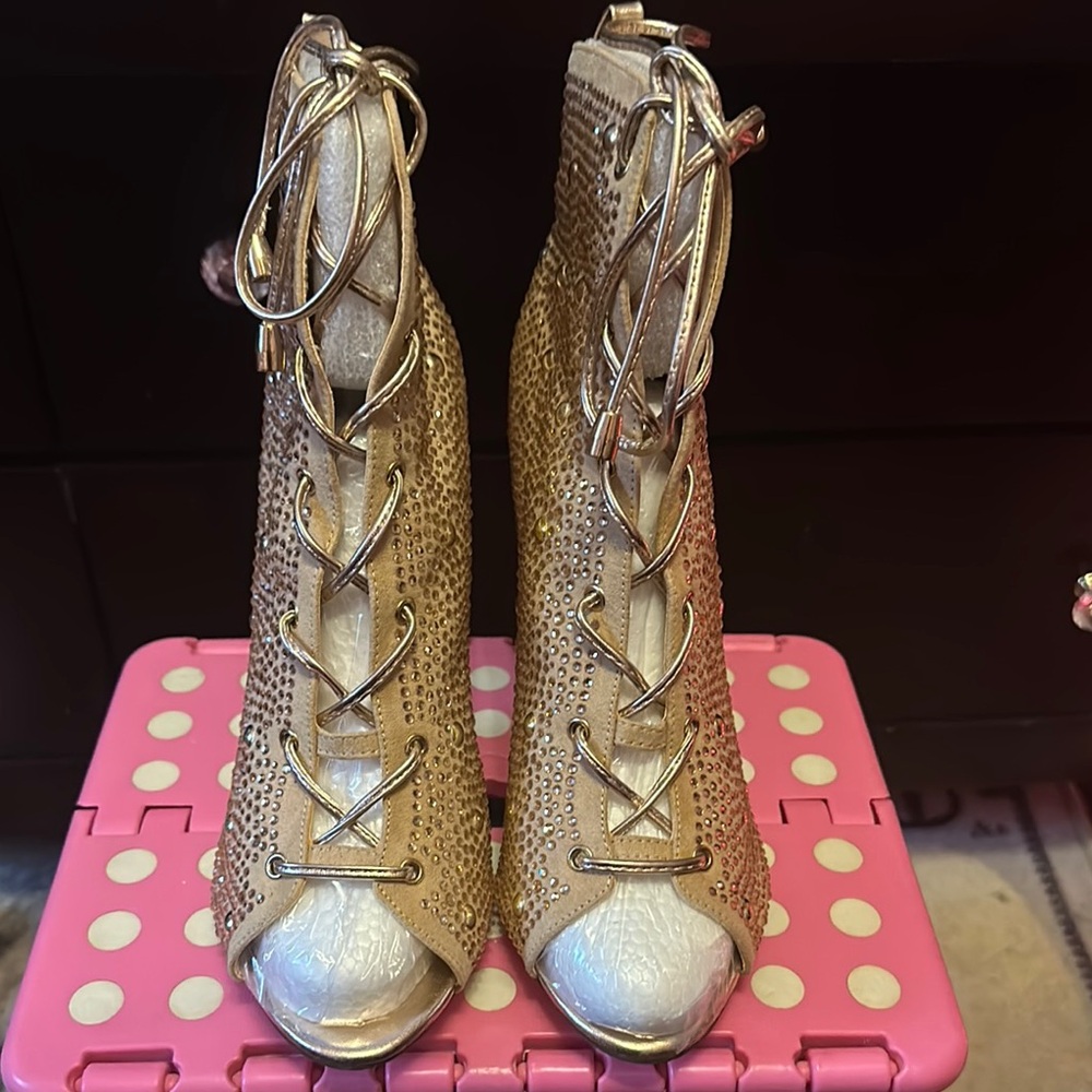 Gold Lace-Up Peep Toe Ankle Boots